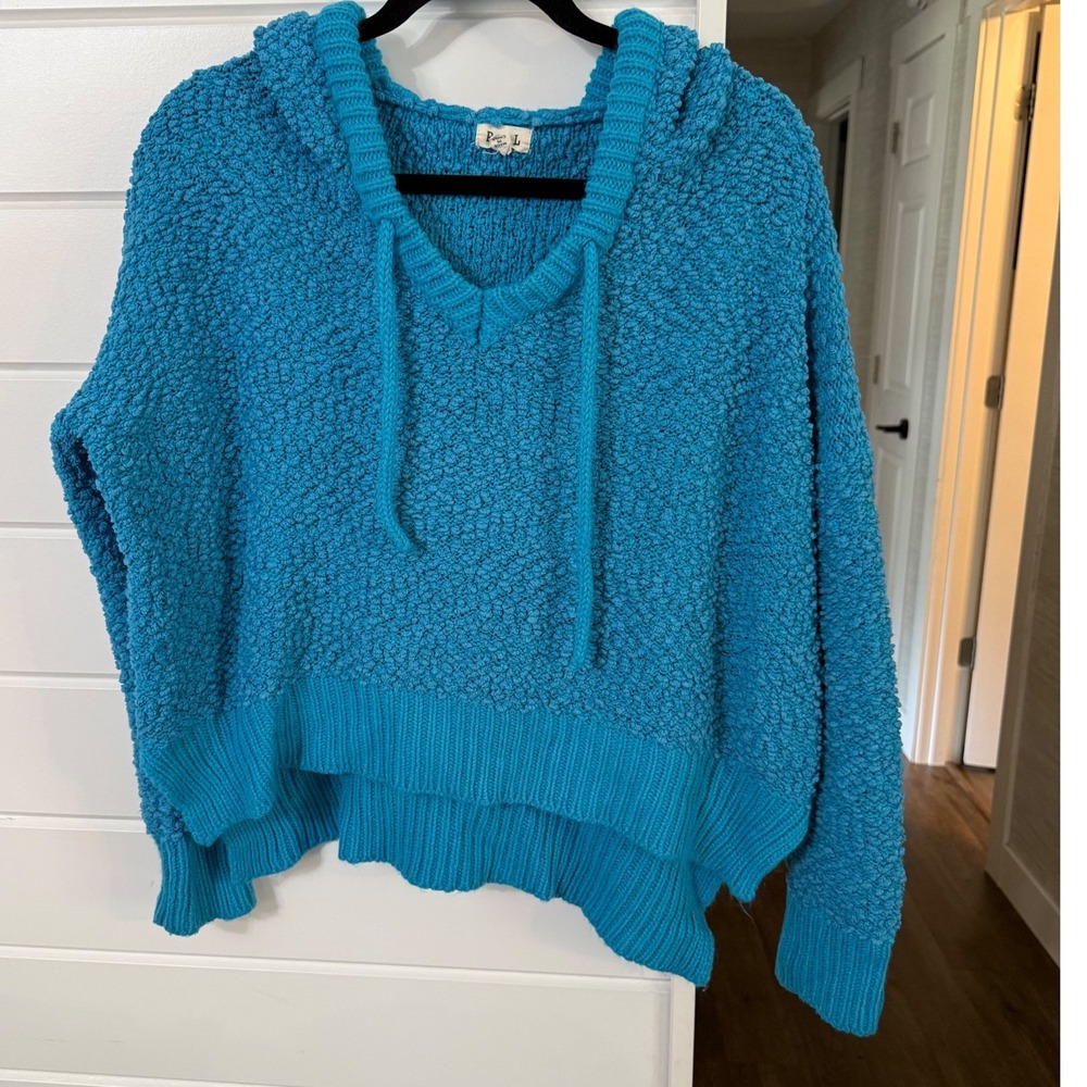 POL Teal Blue Popcorn Knit Hoodie Sweater Textured Oversized Pullover Small - Picture 4 of 8